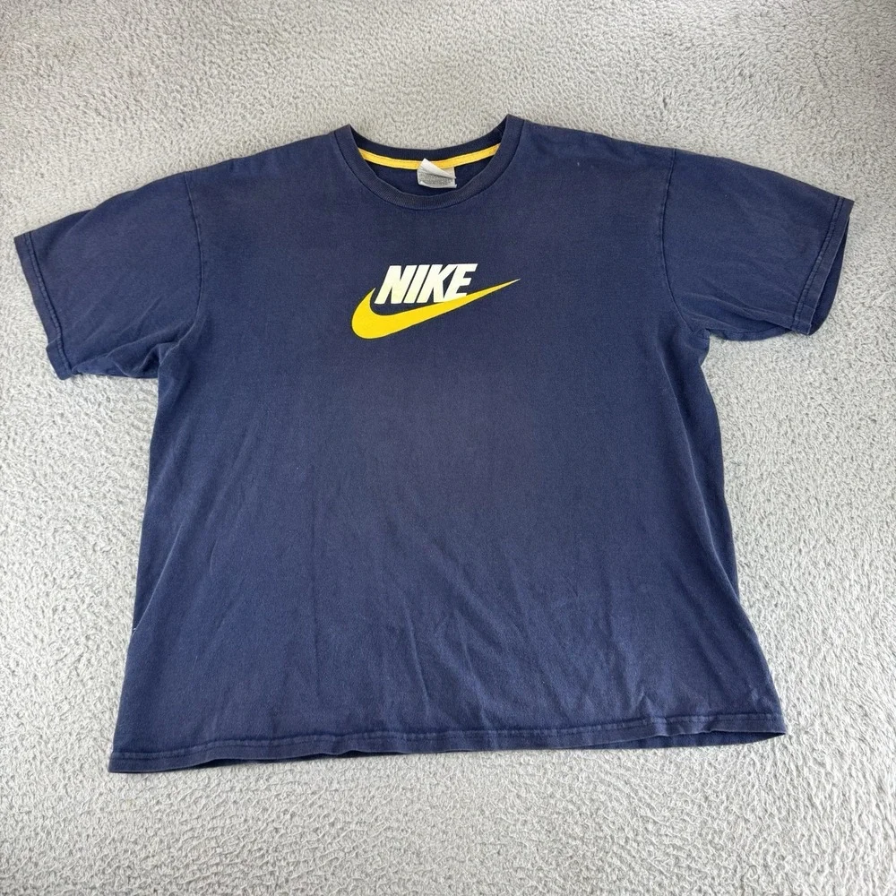 nike silver tag T shirt Men's Medium Blue Center Swoosh Logo Y2K 90's Vintage